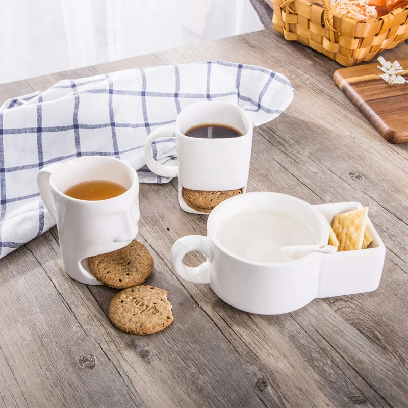 Handmade crack ceramic white blank dunk coffee mug with cookie holder