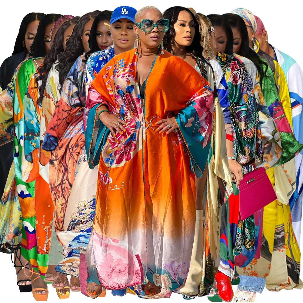 2023 Hot sale Ladies Printed Robe Loose Long sleeve Cardigan Home Street Wear Silk Plus Size Overcoat kimonos ladies