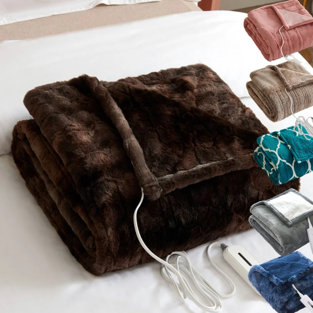 2024 chunky heavy tie dye rabbit hair mink fleece warm bed Washable Electric over under Throw Heating Heated Blanket for winter