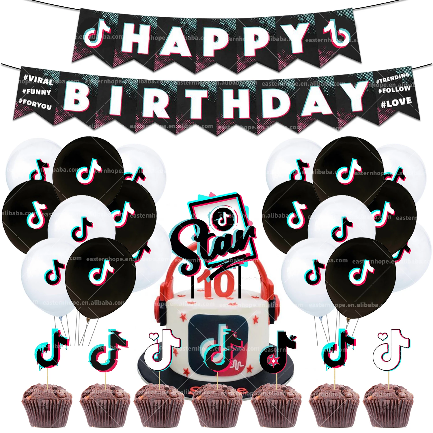 
TIK-Tok Birthday Party Decorations Supplies - Tik-Tok Birthday Party with Banner Balloon Cake Topper 
