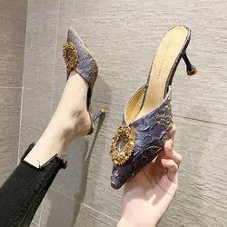 New spring and summer pointed toe toe fashion round buckle satin ladies high-heeled half slippers Z88