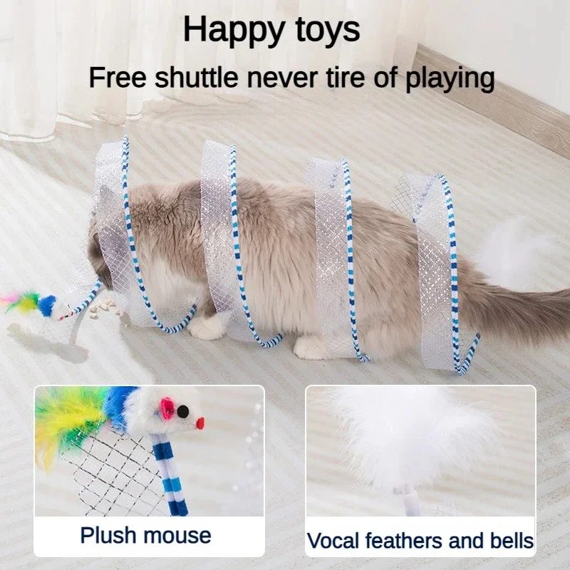 Collapsible Bite Resistant Cat Spiral Tunnel Teaser Self Relief Mouse Feather Cat Folding Tunnel Toys