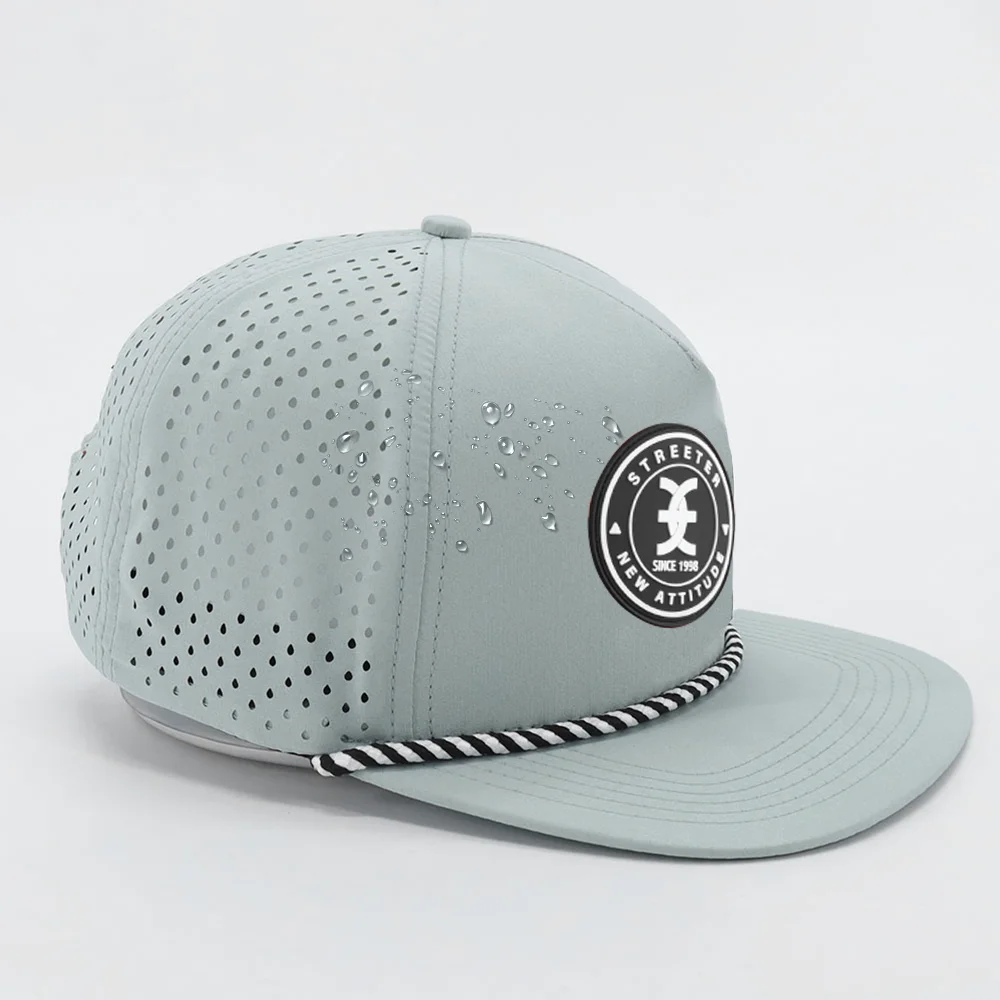 OEM Custom Embossed PVC Rubber Patch Logo 5 Panel Laser Cut Hole Perforated Rope Golf Nylon Waterproof Cap Snapback Hat