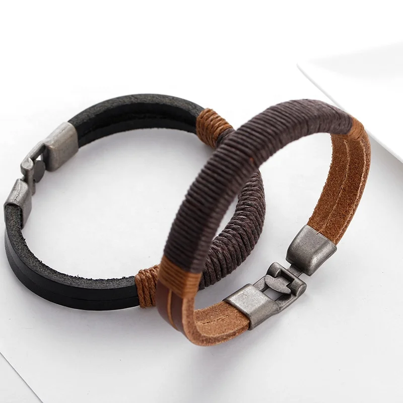 Steel Black Leather Twine Bracelet Hand Woven PU Leather Bracelet Wholesale