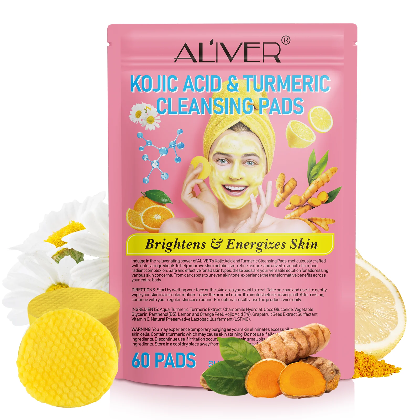 ALIVER firming energizes skin brightening makeup disposable cotton facial face turmeric kojic acid exfoliating cleansing pads