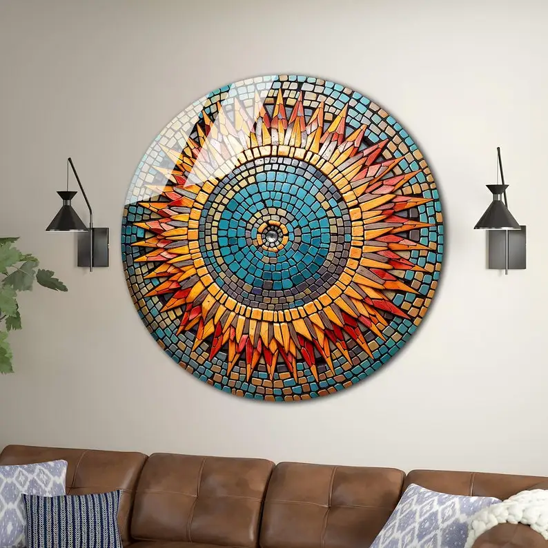 Mosaic Stained Tempered Glass Round Wall Decor Art Gift Colorful Wall Hanging Glass Printing