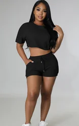 Custom LOGO New design summer 2023 women clothing casual solid color jogger biker shorts set crop top two piece sets