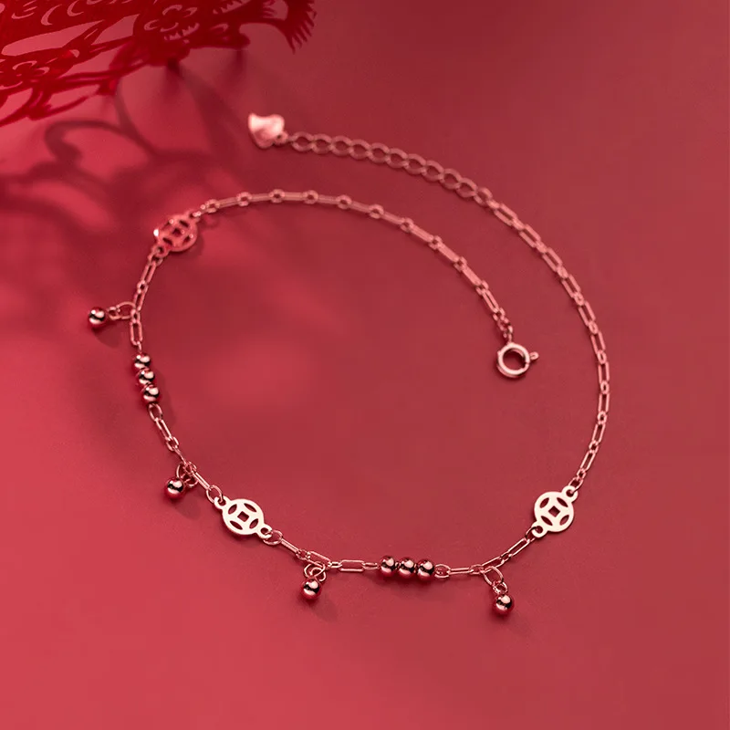 Bijoux Wholesale Hollow Coin Glossy Beads Anklets For Women 925 Sterling Silver Fine