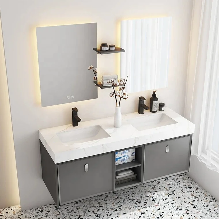 Modern Wall Hanging Hotel Marble Bathroom Double Sink Vanity Cabinets Bathroom Storage Cabinet