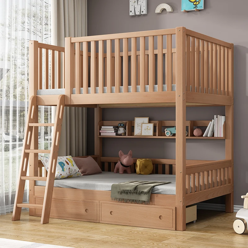 Children Safe Beech Bedroom Kids Bunk Bed  Set bed Loft Bed
