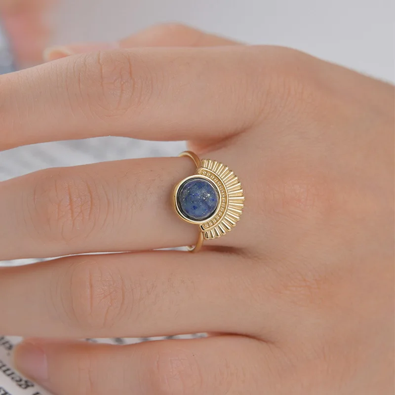 Vintage Jewelry No Fade 18k Gold Plated Starry Sky Tophus Adjustable Ring Stainless Steel Fan Shaped Lapis Lazuli Open Ring