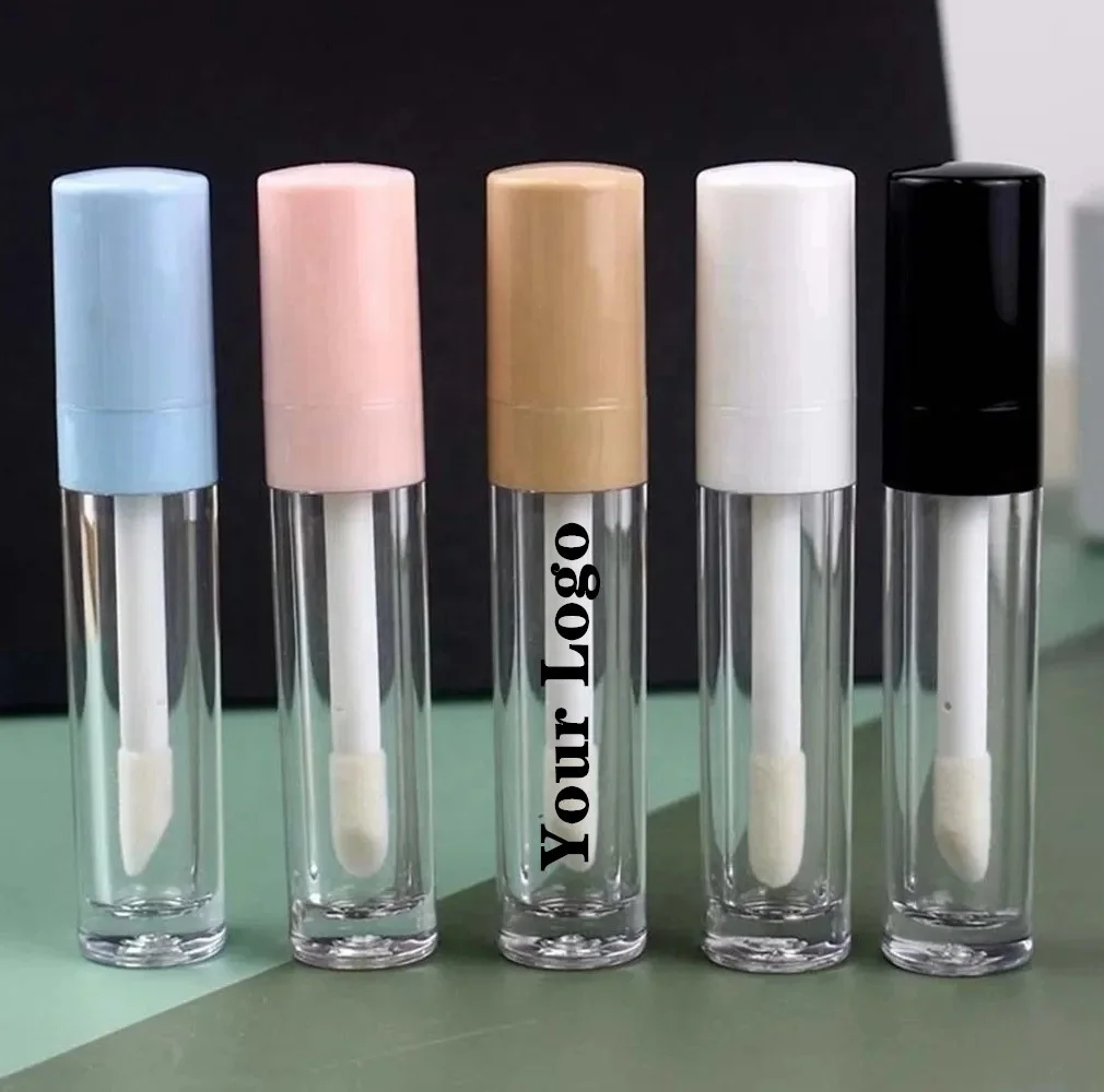 Empty black top thick crystal transparent lip gloss containers tube lip glaze packaging with middle ring and big brush wand 8ml