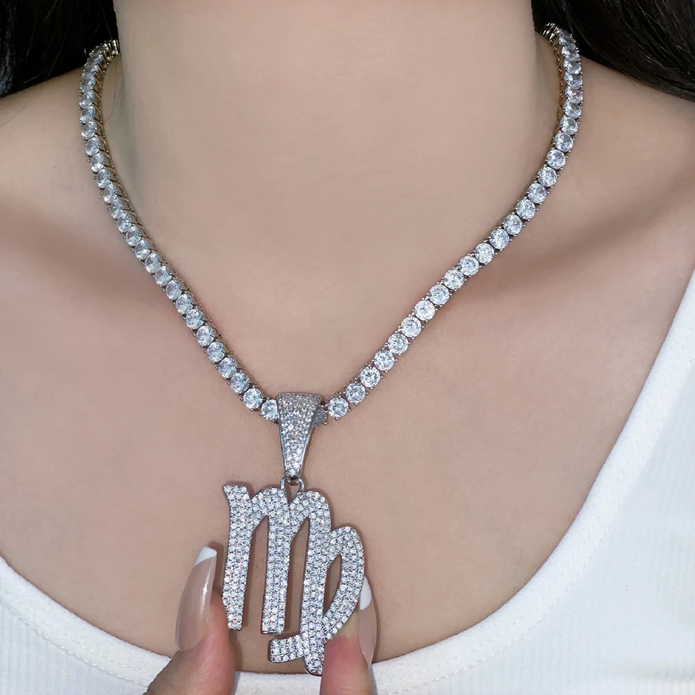 hip hop iced out filled cz big size silver sign zodiac pendant necklace
