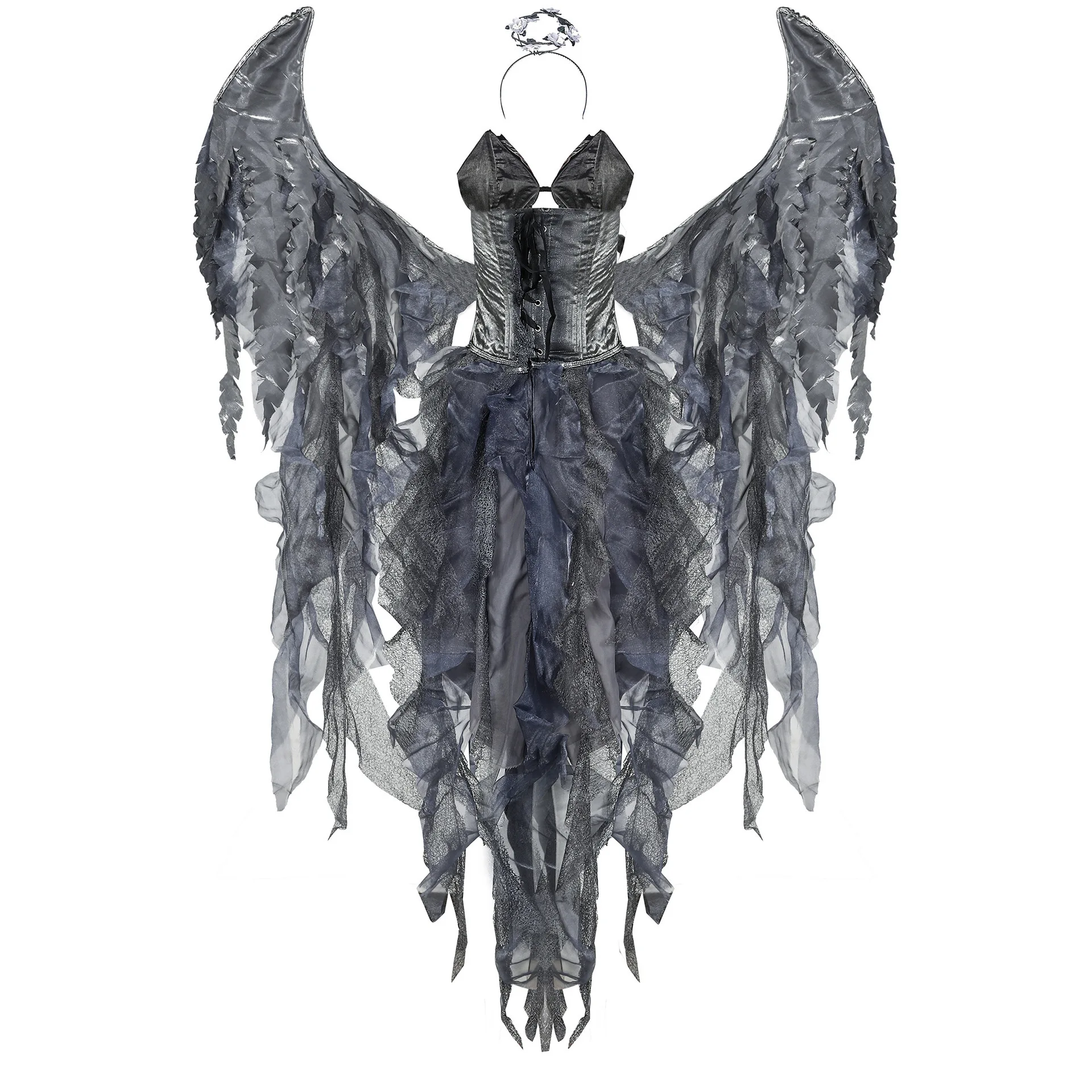 Adult Dark fallen Angel Costume Halloween cosplay fancy Vampire Dress Black Angel Evil Wing Suit
