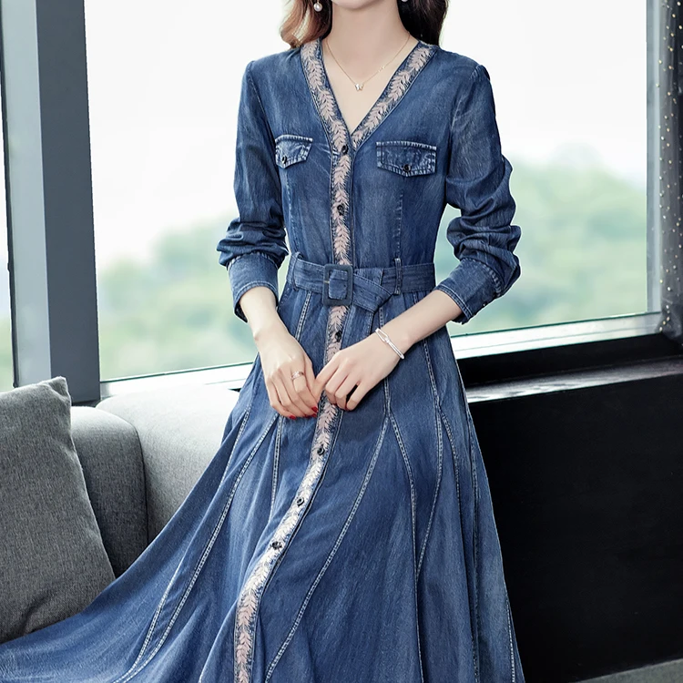 Factory Custom High Quality Comfortable Casual Style Robes Jeans Maxi Denim Dress