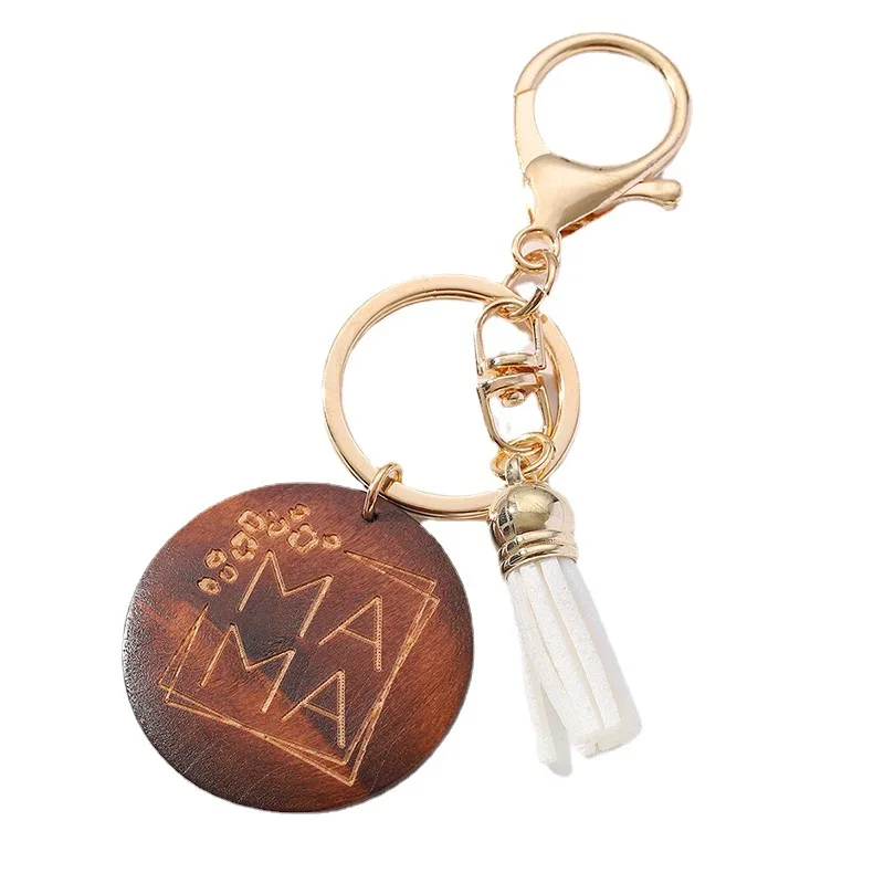 Wholesale Cheap Wood Chain Laser Logo Bag Accessories Custom Design Mother Day Gift Wooden Keychain Pink With Tassel