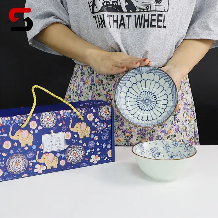 EGRAND White And Blue Decal Ceramic Bowl Stackable Soup Noodle Salad Bowls, Custom logo and Gift Box