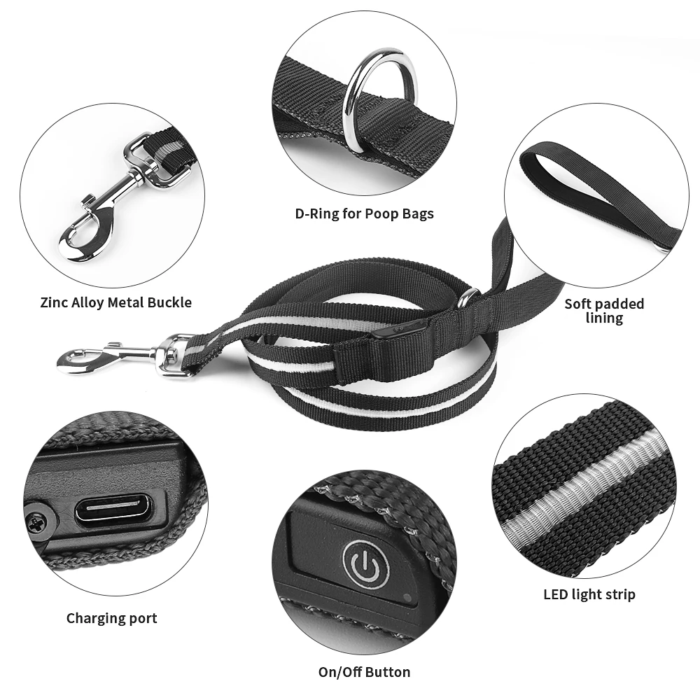 Professional Luminous Pet Product Manufacturer LED Light Up Dog Leash Safety Glow in The Dark Dog Lead Strap for Night Walking