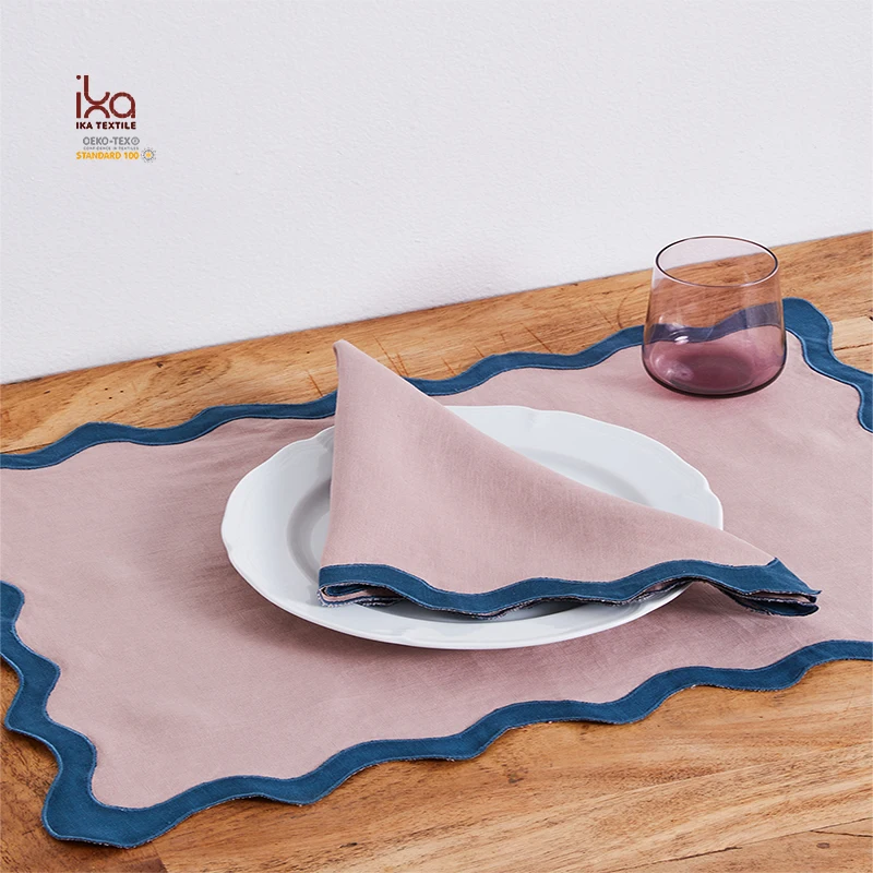 Pure French Flax Linen Scalloped Edge Embroidery Pink Napkins for Dinner