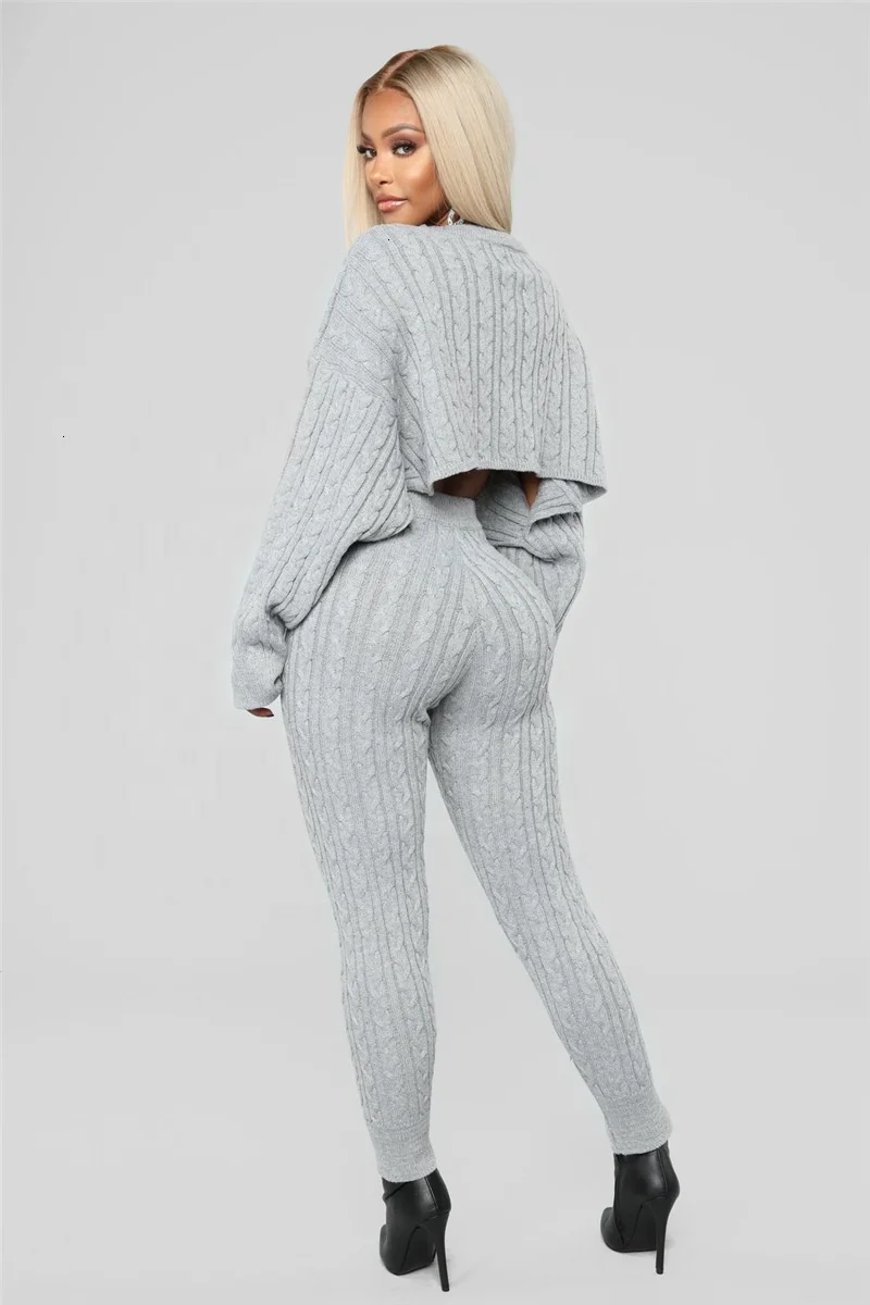 knitted  Women Solid Sweater + long pants Sets new Winter Warm Suits 2 piece outfits