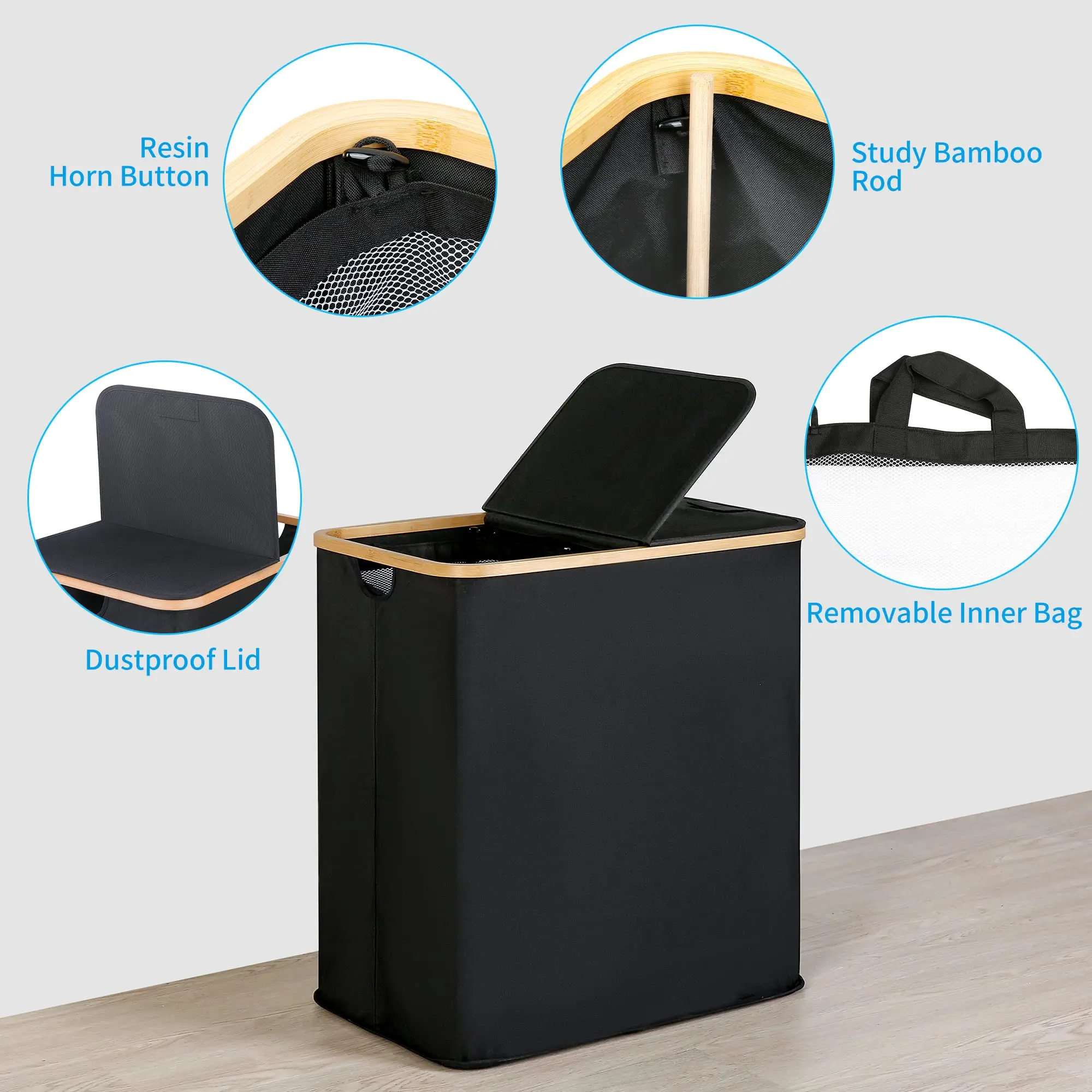 2 Section Large Capacity Foldable Bamboo Laundry Hamper Bucket With Lid Canvas Storage Basket Laundry Basket