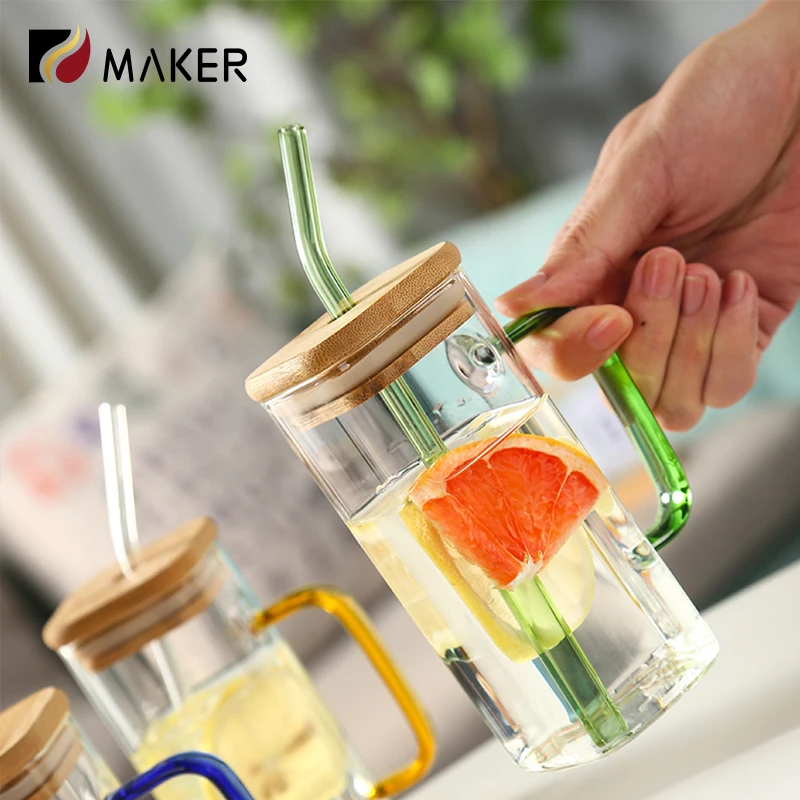 400ml Empty High Borosilicate Square Clear Glass Handle Straw Drinkware Bottle Cola Juice Milk Tea Water Cup With Bamboo Lid