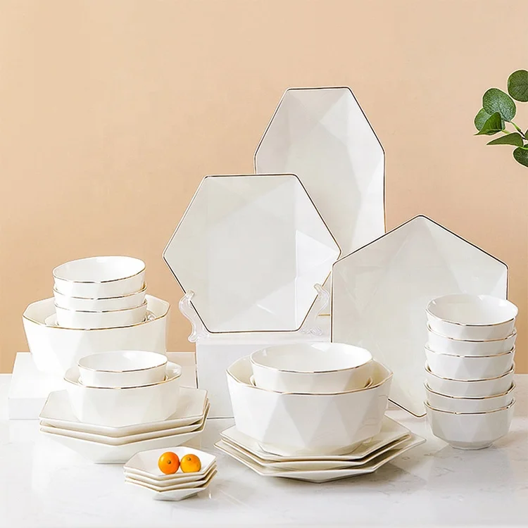 Simple nordic hexagonal ceramic  plates and bowls set luxury gold rim ceramic plates dinnerware sets