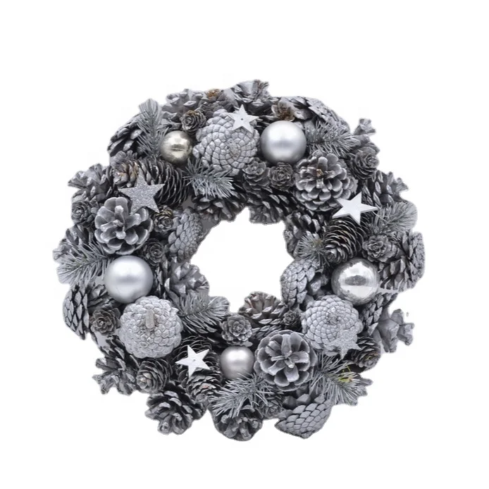 30cm Wholesale Door Decoration  Artificial Christmas Wreath Natural Pinecone paint silver   For Indoor Outerdoor