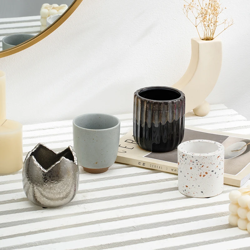 Classic wholesale cheap unique shape frosted matte black empty candle jars ceramic candle vessels