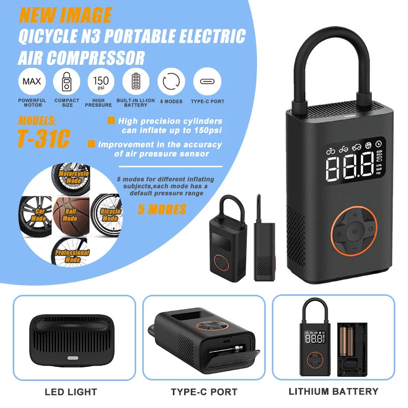 EU Warehouse Qicycle Electric Air Pump 5000mAh 150 psi Portable  Inflating for Car Motorcycle Bicycle with Type-C Charging Port