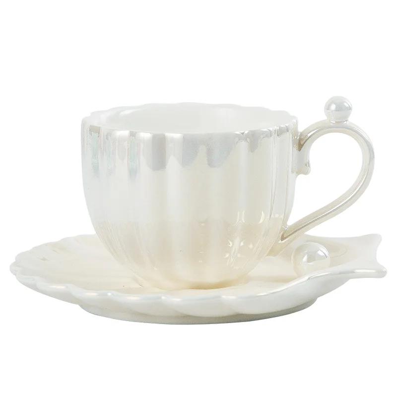 New design pink pearl shell shaped ceramic coffee cup and saucer novelty tea cup and saucer set luxury