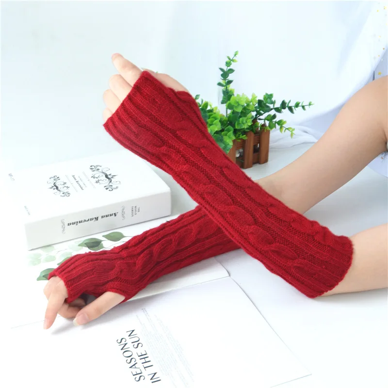 Winter Thicken Warm Half Finger Wool Knitted Gloves Long Sleeve Warm Arm Women Long Gloves