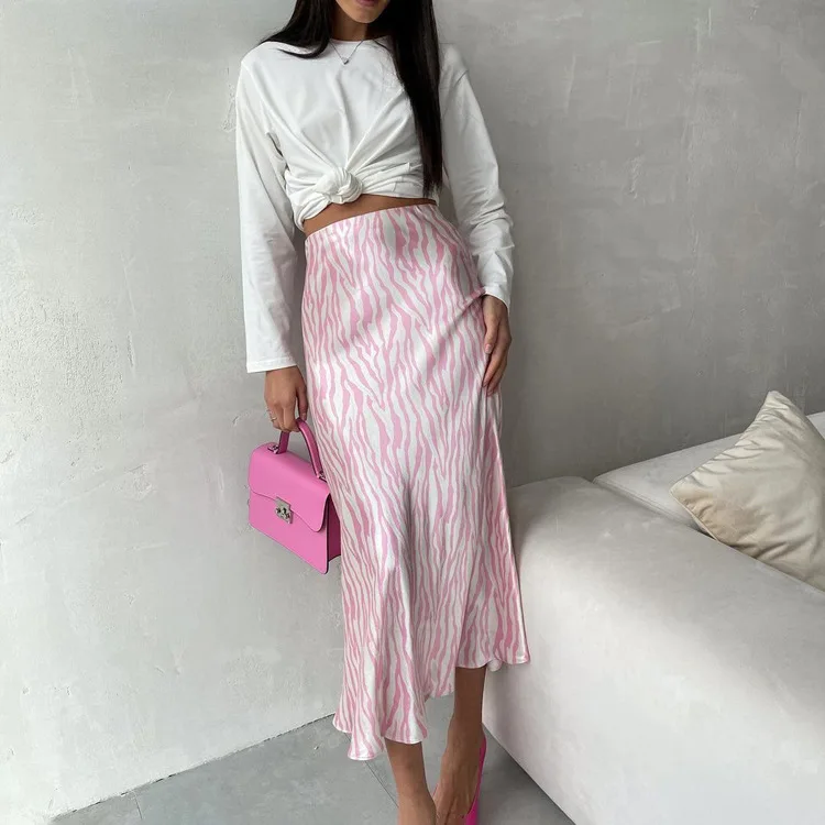 2023 Zebra patterned pink color skirt High Waist Soft Mermaid Woman striped Long Skirt