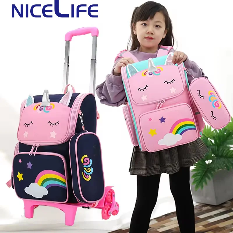 Hot Selling Kids Trolley Schoolbags 2Pcs Unicorn Backpack Pencil Bags Set Large Capacity Trolley Backpack For Girls