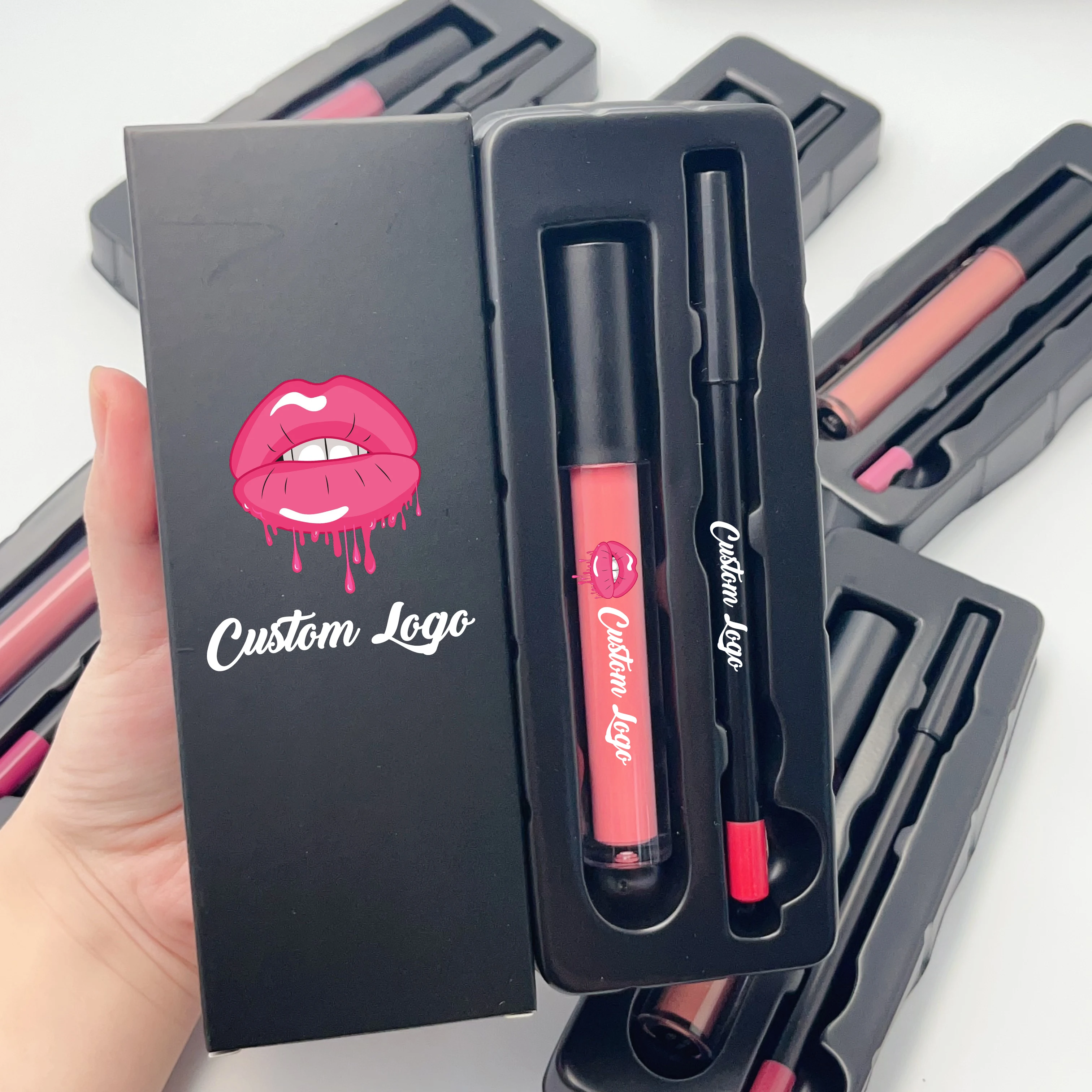Cosmetic Manufacturer Lip Gloss Wholesale Waterproof Vegan Liquid Lipstick with Lip Liner Black Set Lipgloss Kit