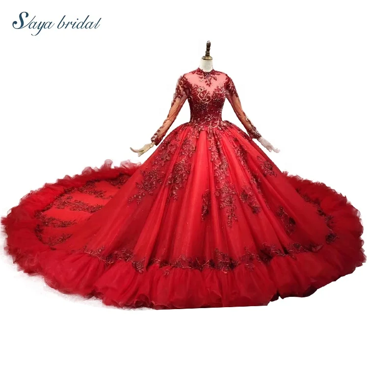 long sleeve crimson slim line chapel train beading embroidery gorgeous bridal ball gown wedding dress
