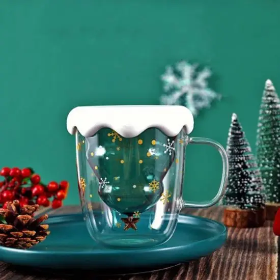 Coffee Mug Creative Ceramic Cup with Cute Christmas Design Custom 300ml Mugs Christmas Tree Shaped Double Wall Insulated Glass