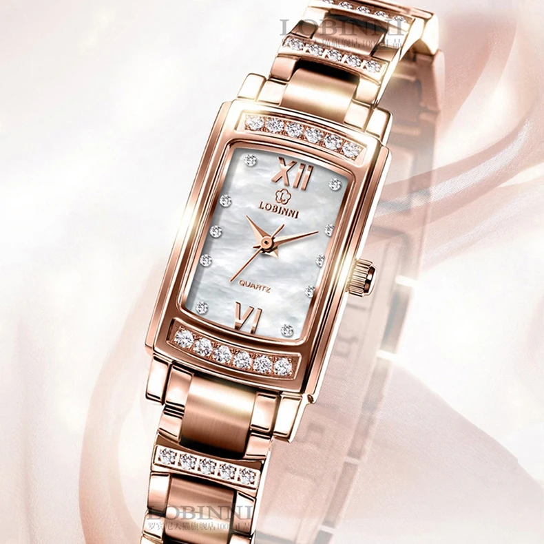 LOBINNI Quartz Business Ladies Watch Ladies Silver Rose Gold Rhinestone Diamond Set Rectangle Watch Customizable