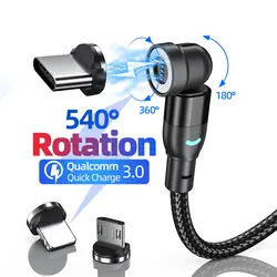 2023 new upgrade 3A fast charging magnetic 3in1 charging cable data transfer cable type c micro heads 540 rotation LED cables