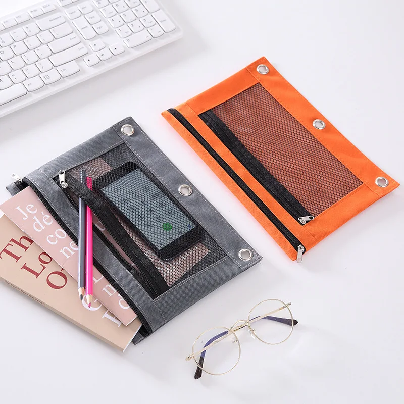 3-кольцо пенал для карандашей связующего сумка канцелярских принадлежностей 3 записная книжка с кольцевым механизмом молния пвх сетка