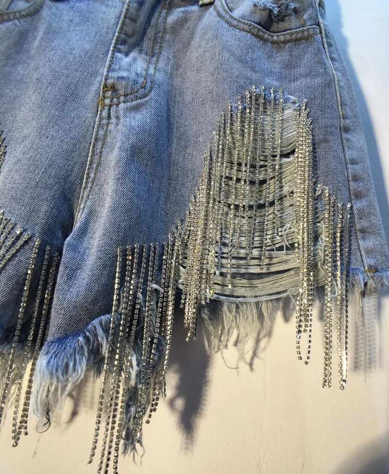 New custom design heavy tassels diamonds Beads plus size women light night high waist denim