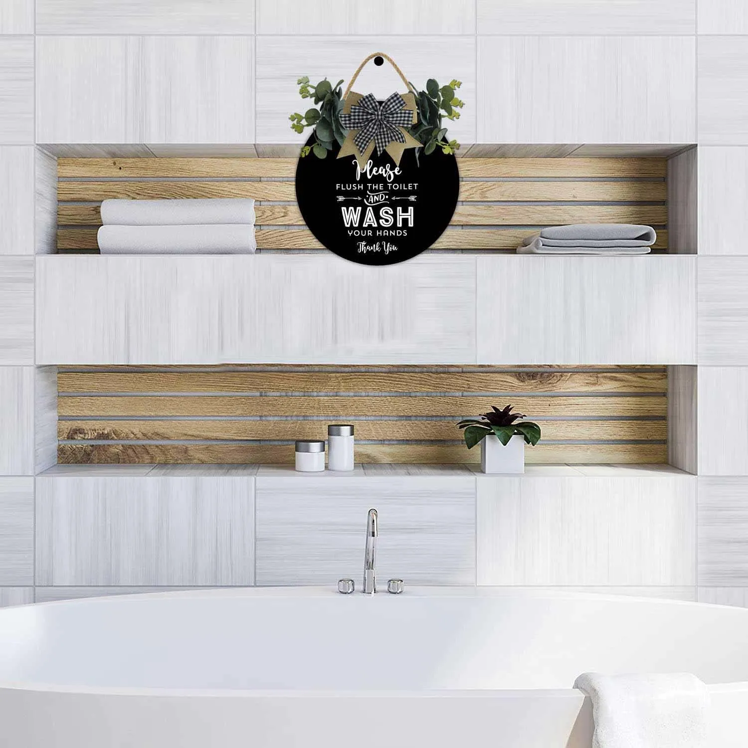 Please Flush The Toilet And Wash Your Hands Thank You Wall Art Decor Rustic Round Wooden Hanging Decorative Wood Sign Door Decor