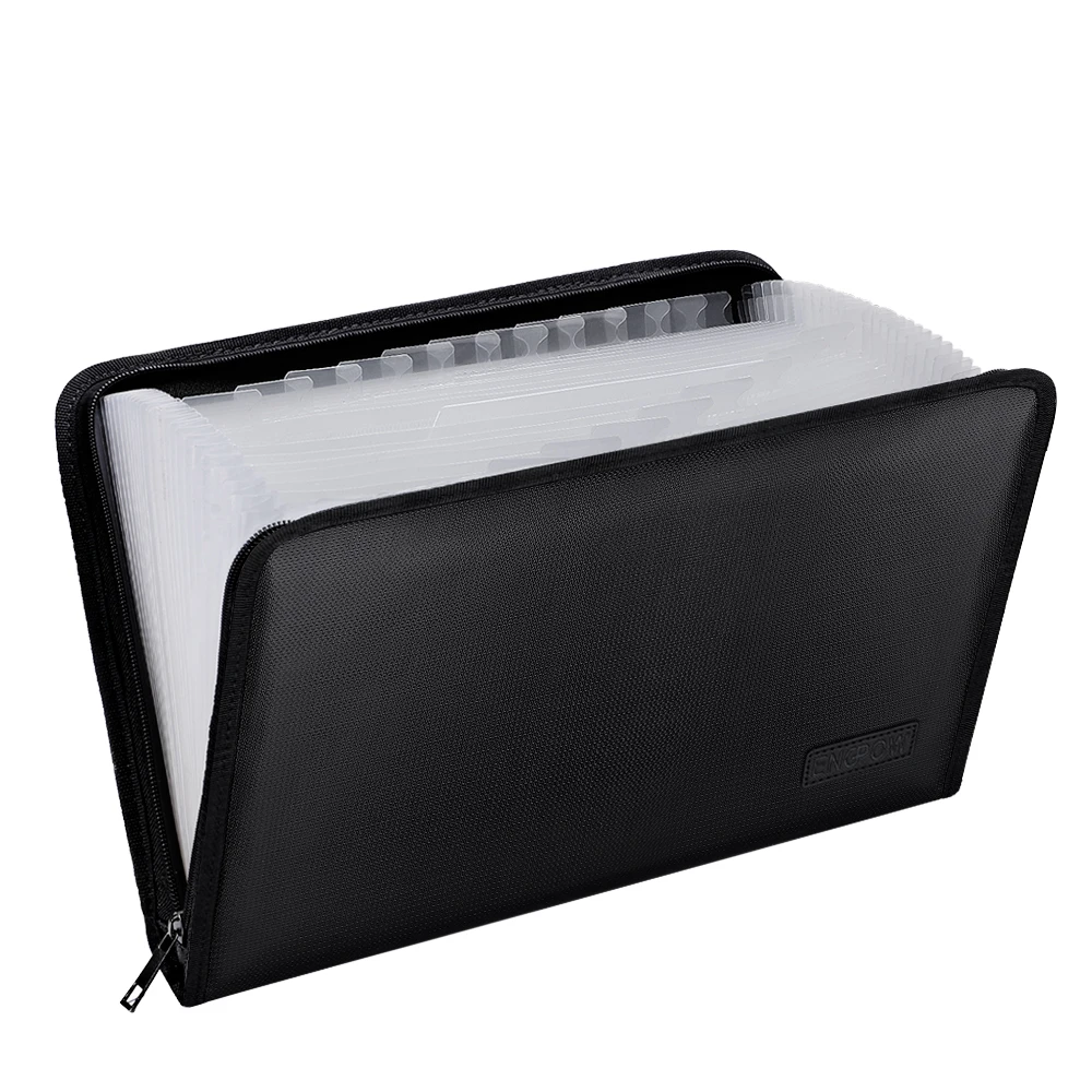 Black Expandable File Folder 24 Pockets A4 Size Papers Document Bag Fireproof File Collection Bag