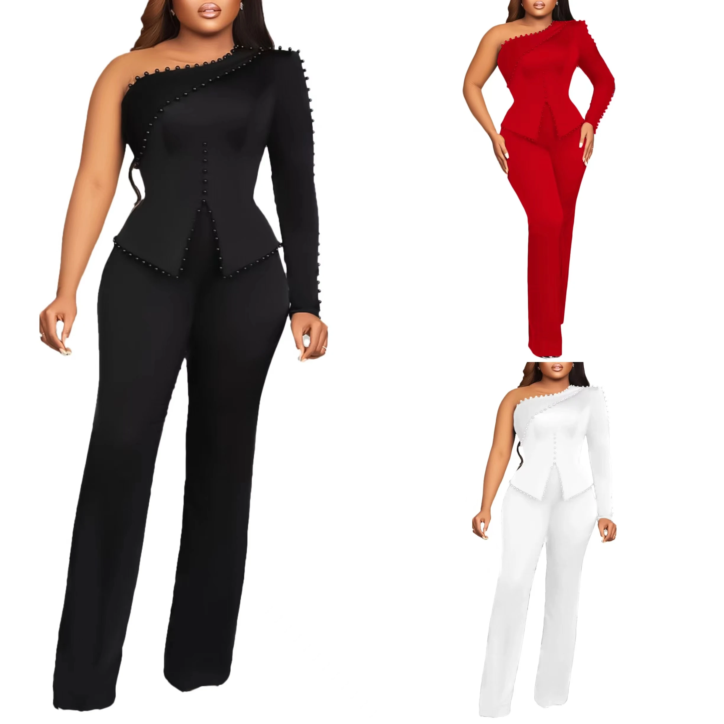 High Quality Solid Color Outfits For Women Elegant Diagonal Shoulder Single Long Sleeve Beaded Top And Pants Plus Size Set