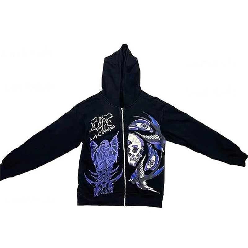 Custom High Quality Rhinestone Skull Purple Printed Streetwear Oversized Cotton Casual Zip Up Goth Jacket Hoodies For Men