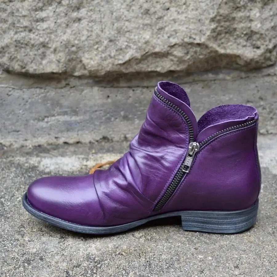 Women PU Leather Ankle Boots Women Autumn Winter Zipper Vintage Women Punk Boots Flat Ladies Shoes Flat Short Snow Boots Mujer