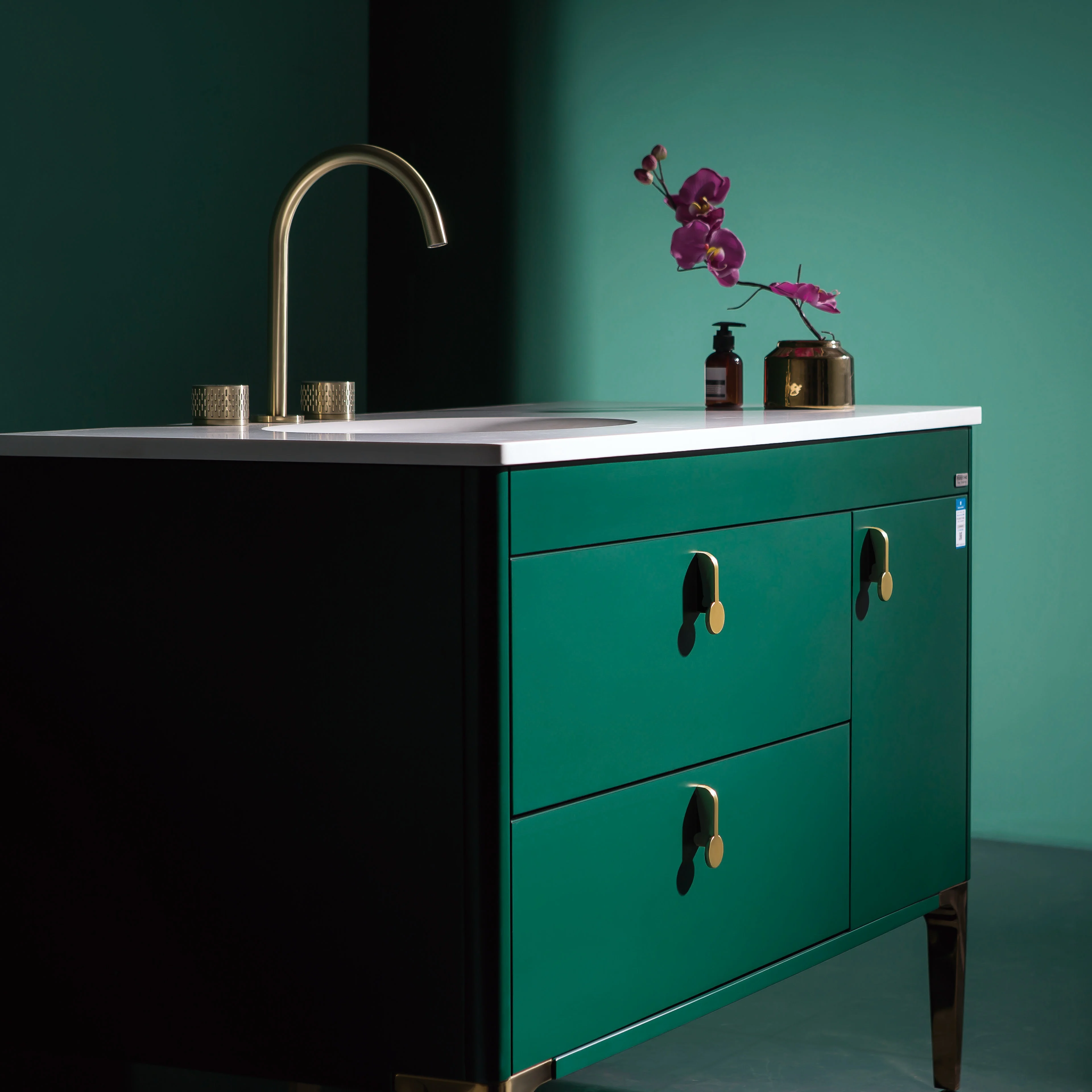 Honorable jade green unique special bathroom furniture cabinet set with LED Mirror and golden handle