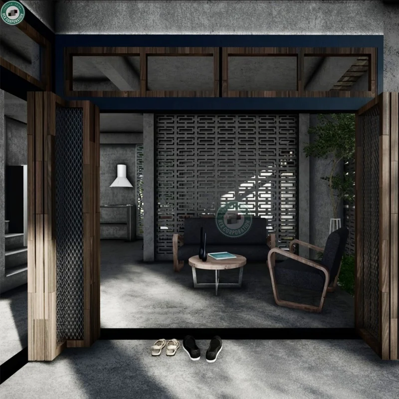 New Prefabricated Industrial Concrete House Decorated with Wood Louvres 2 Storey Modern House in Thailand