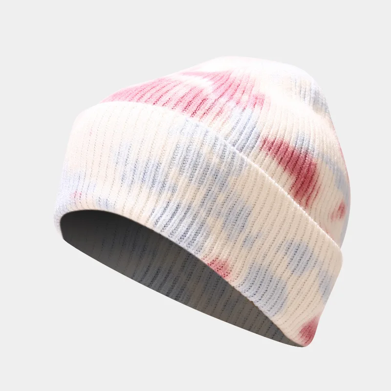 Amazon 2022 new adults  winter  Knitted Cotton Yarn beanie hat and Scarf Set Tie Dye Skull Cap Knitted Yarn scarf mittens set