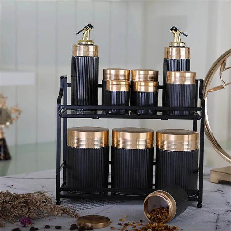 Amber Modern design matt black 12 pcs deposit seasoning porcelain ware canister set with AL lid and metal stand